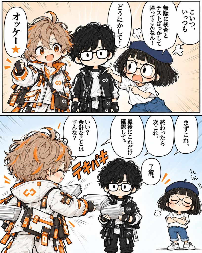 テキパキ確認する三人組