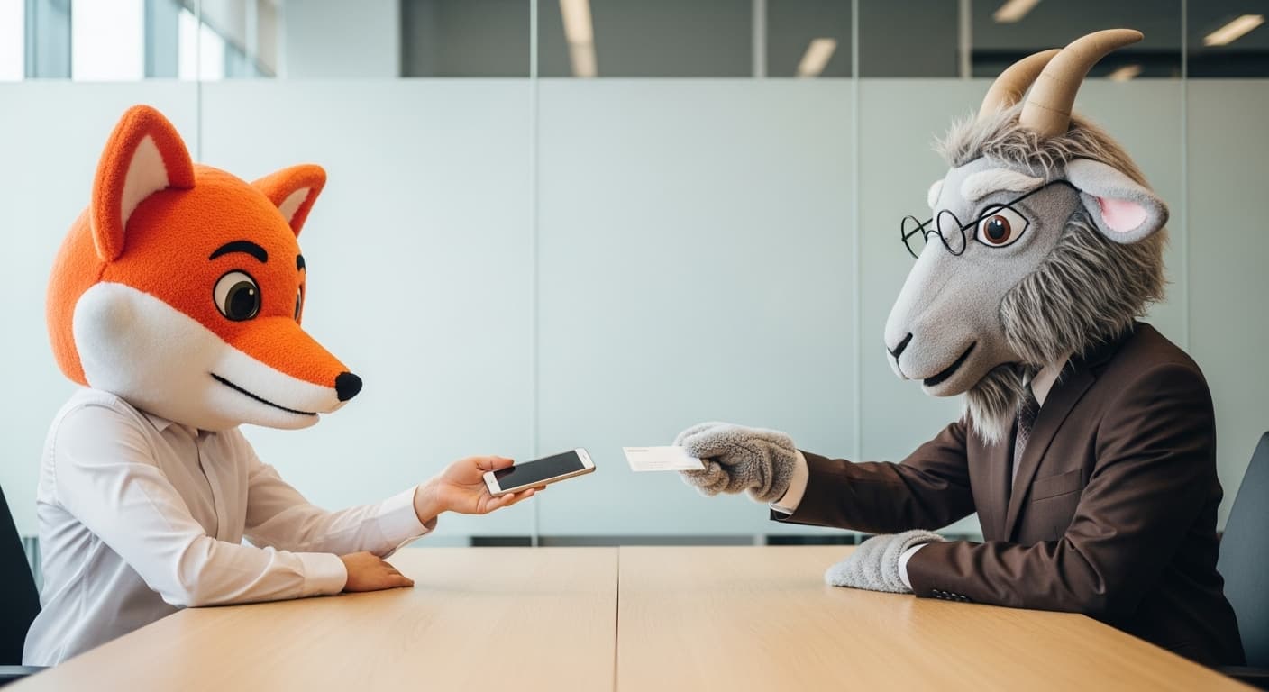 スマホと名刺で自己紹介するサラリーマン